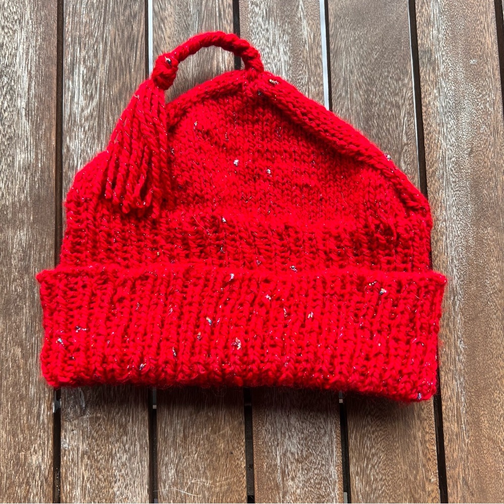 Melt the Ice Red Sparkle Hat with Tassel hand knit